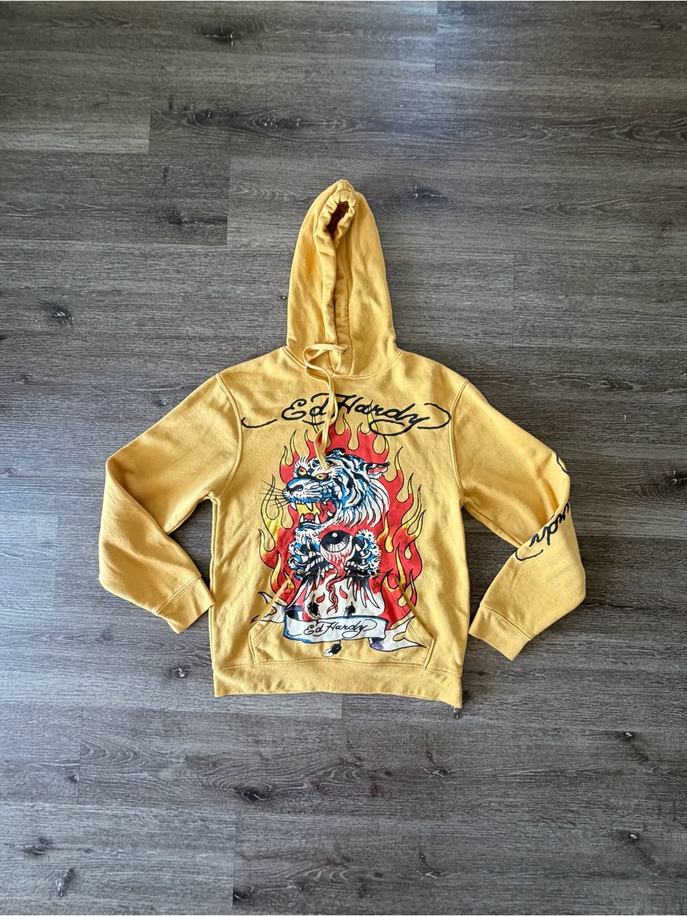 Ed Hardy Yellow Zip-Up Style Hoodie with Flame Tiger Graphic